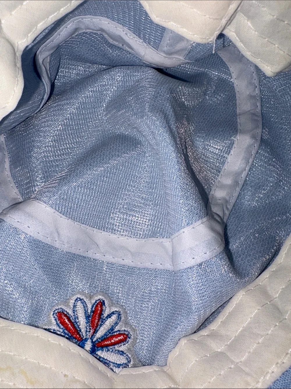 Light Blue Bucket Hat with Red and Navy Flower Patch